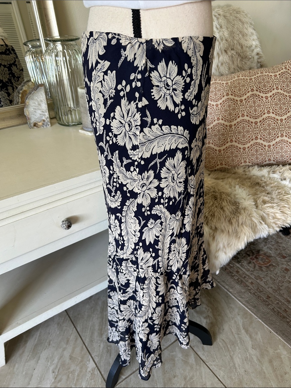 Ralph Lauren Vtg navy beige boho western country floral pull on midi skirt 10 L - Picture 8 of 13
